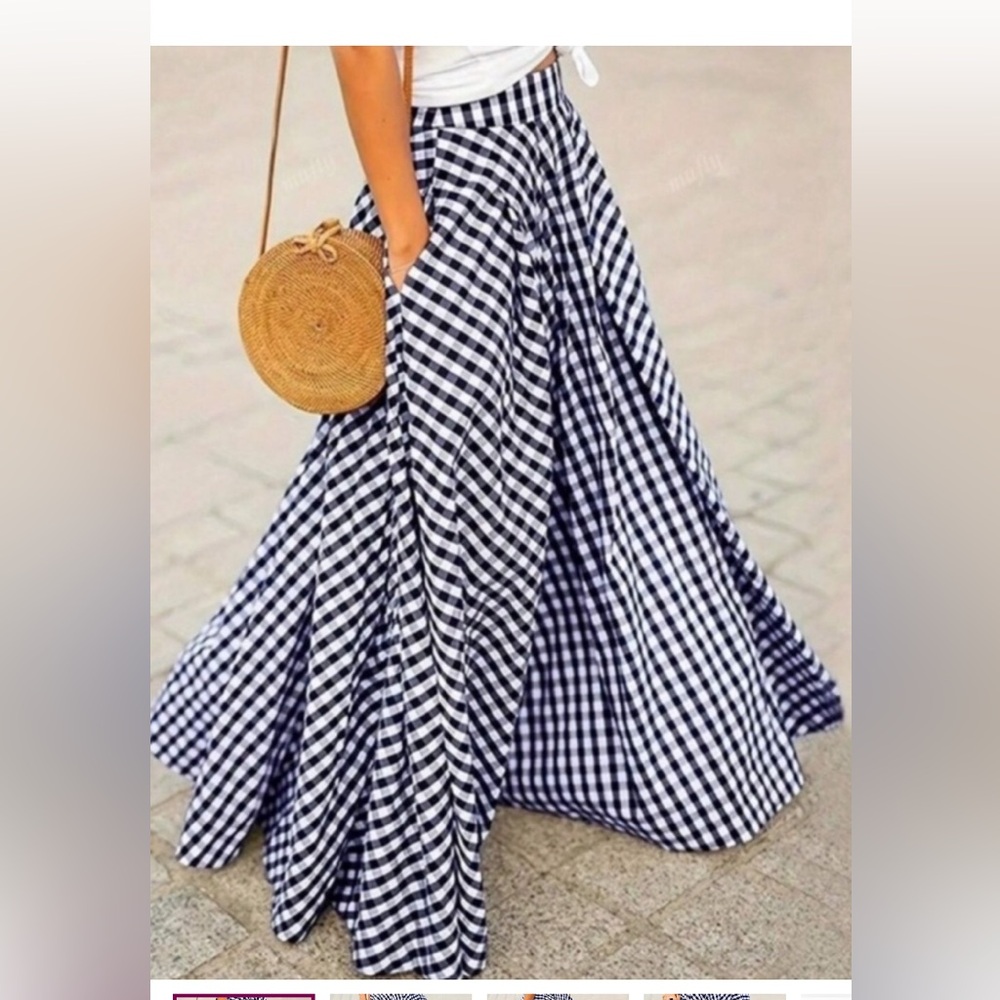 Classic Gingham High Waisted Flowy Maxi Skirt  NEW